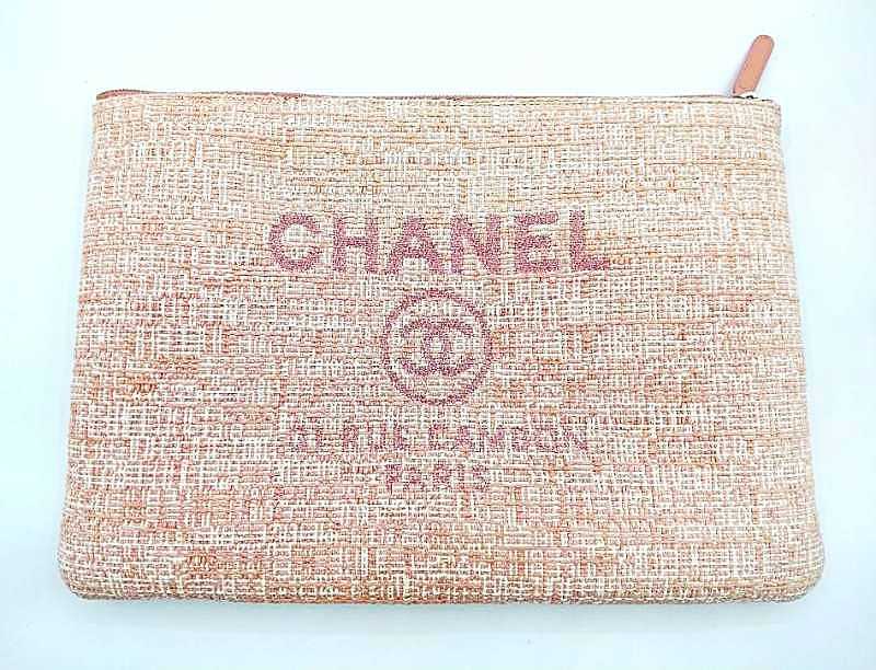 シャネル買取 ドーヴィル クラッチバッグ ピンク キャンバス ココマーク ラメ ツイード